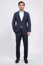 Slim fit mono yaka lacivert çizgili yünlü takım elbise